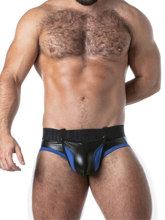 Men's Gay Bottomless Briefs in Leatherette with Snap Off Pouch