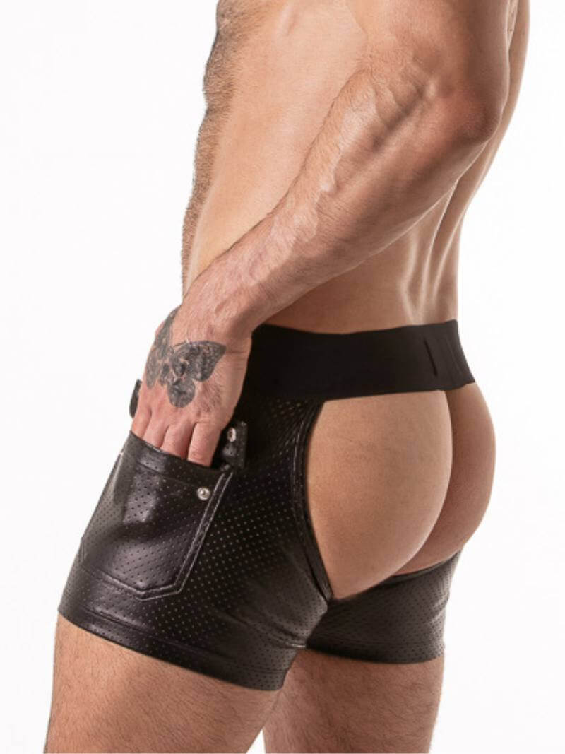 Black leather-style gay underwear worn by a person on a white background