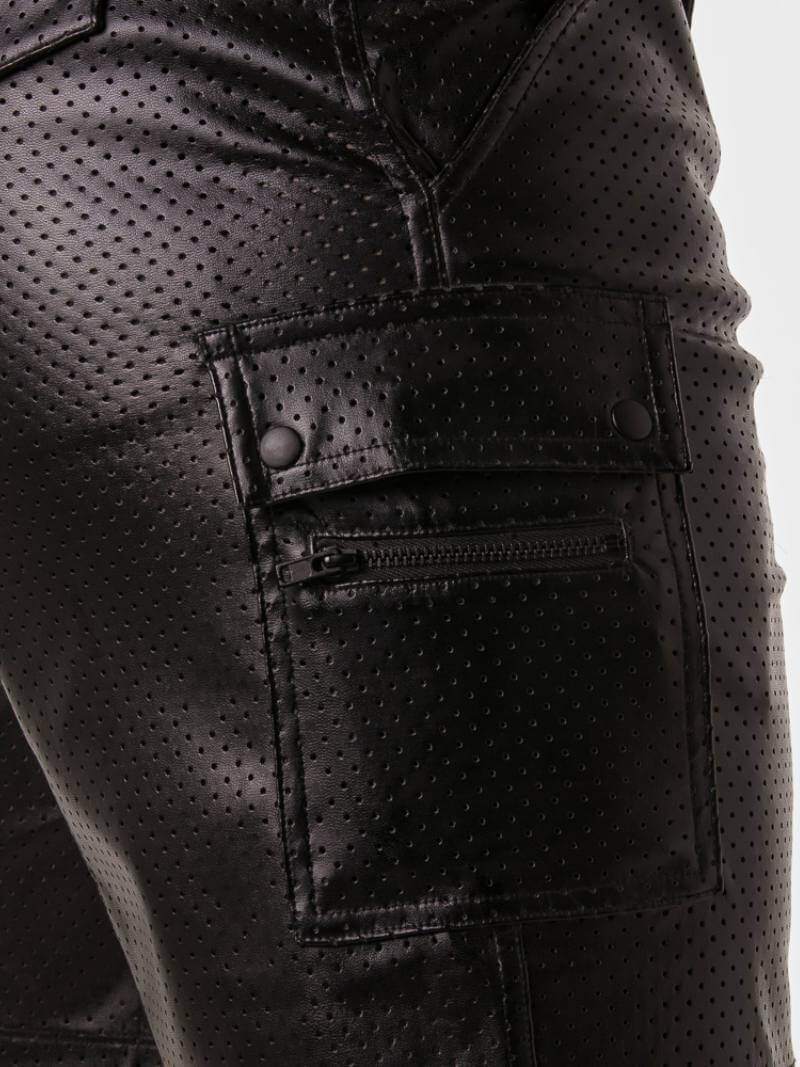 Black leather pants with perforated design and zipper pocket on a white background