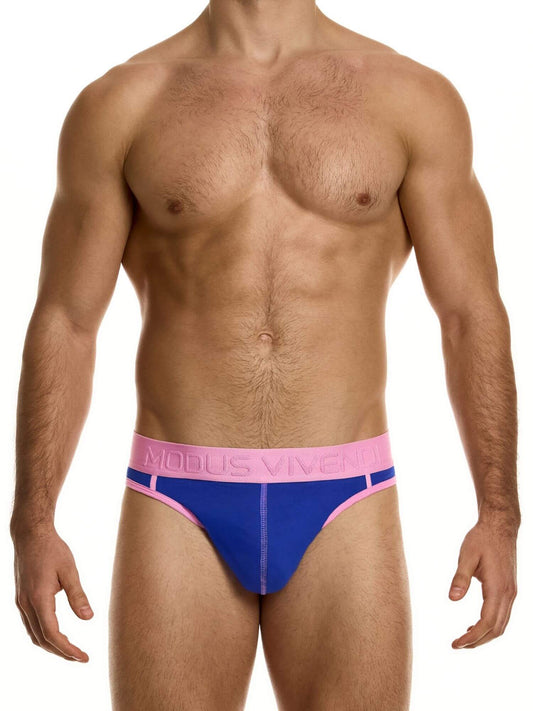 Man wearing blue and pink underwear with a visible brand logo on a white background