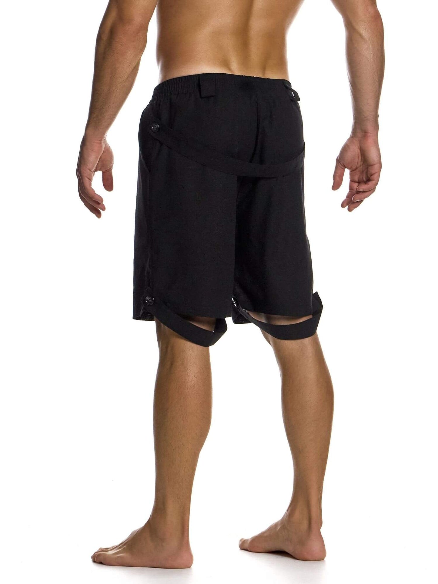 Black shorts worn by a person on a white background