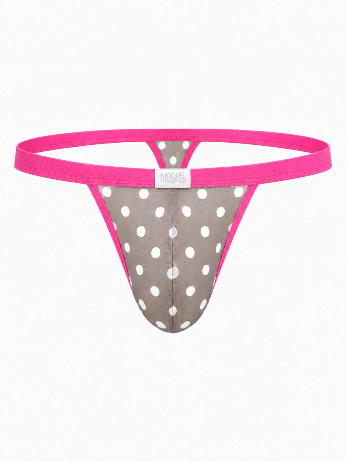 A men's thong-style underwear brief by Modus vivendi, featuring a gray and white polka dot pattern with a vibrant hot pink waistband and side trim, shown against a plain white background.
