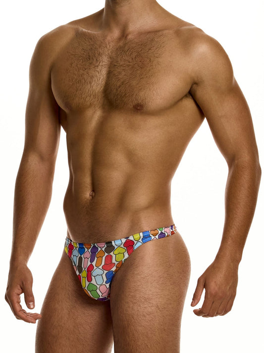 Man wearing colorful printed sheer thong on a white background
