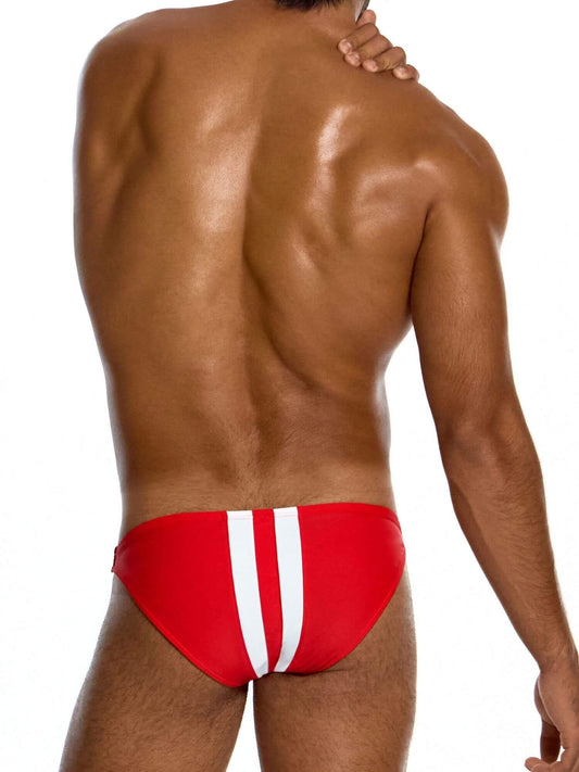 Red swim brief with white stripes on a white background