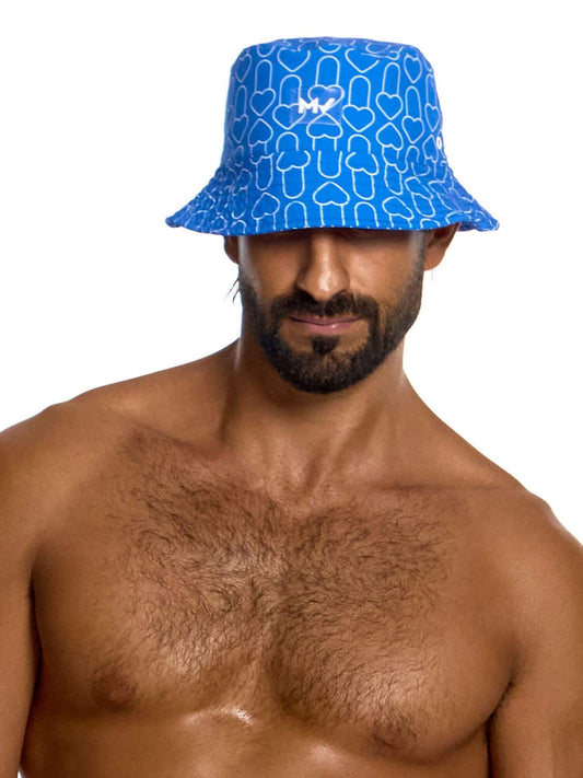 Man wearing a blue patterned bucket hat on a white background