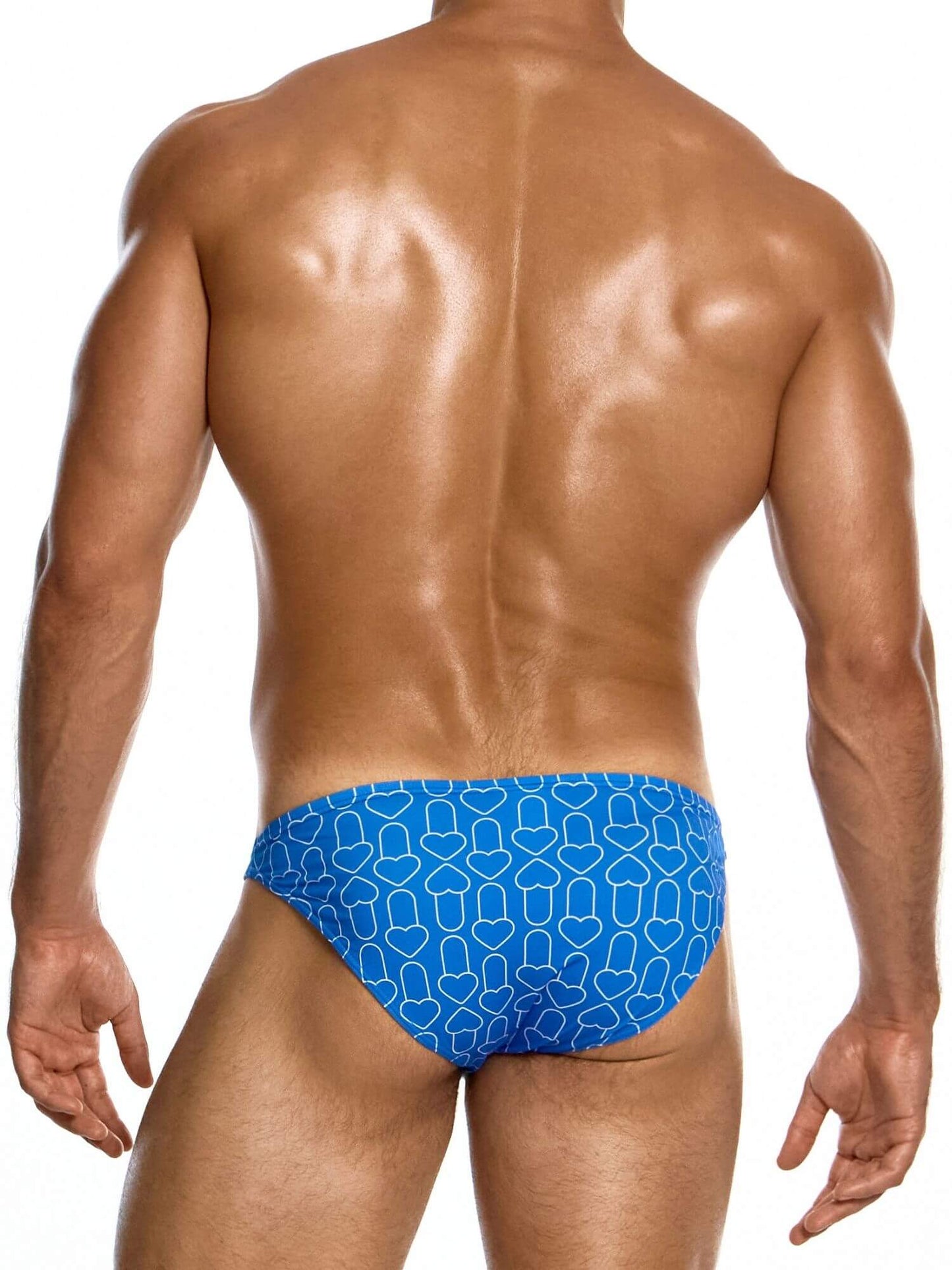 Blue patterned men's swimwear worn by a person on a white background