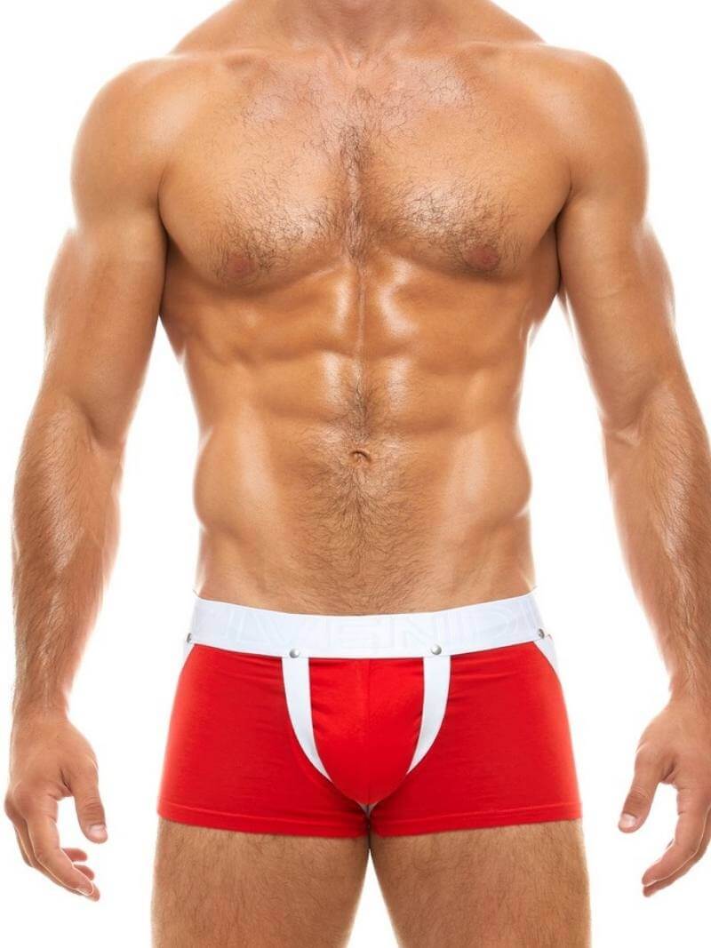 A model wearing a red and white Modus Vivendi Double Boost boxer brief with a waistband and front pouch straps.