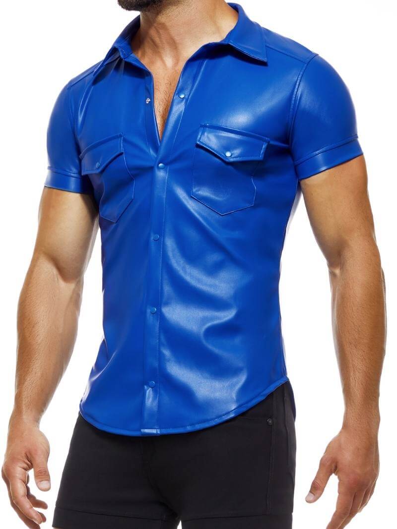 Mens MODUS VIVENDI Leather Shirt: Faux Leather, Short Sleeves, Collared, Button Up