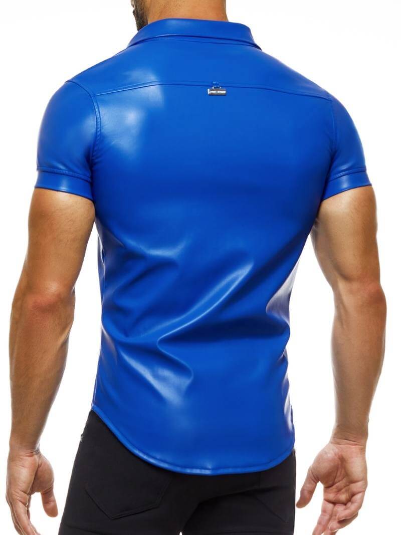 Mens MODUS VIVENDI Leather Shirt: Faux Leather, Short Sleeves, Collared, Button Up