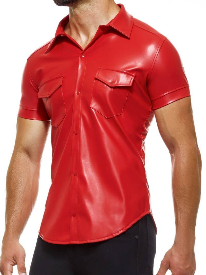 Mens MODUS VIVENDI Leather Shirt: Faux Leather, Short Sleeves, Collared, Button Up