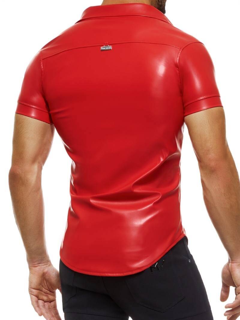Mens MODUS VIVENDI Leather Shirt: Faux Leather, Short Sleeves, Collared, Button Up