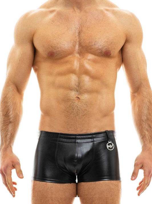 This image displays the MODUS VIVENDI Leather Boxer Trunk in a striking blue color, showcasing its sleek design and stylish details. The boxer trunk features a colored body with matching stitching and a waistband, accented by a small metallic Modus Vivendi nickel logo.