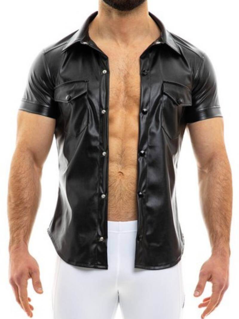 Mens MODUS VIVENDI Leather Shirt: Faux Leather, Short Sleeves, Collared, Button Up