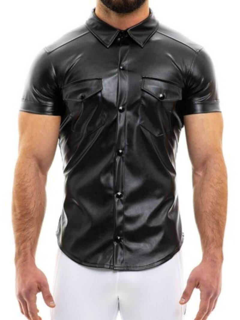 Mens MODUS VIVENDI Leather Shirt: Faux Leather, Short Sleeves, Collared, Button Up