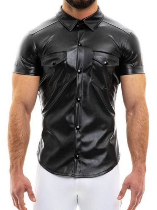 Mens MODUS VIVENDI Leather Shirt: Faux Leather, Short Sleeves, Collared, Button Up