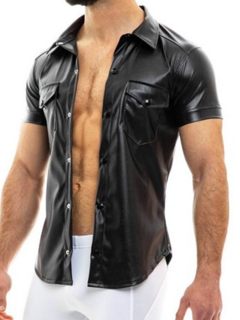 Mens MODUS VIVENDI Leather Shirt: Faux Leather, Short Sleeves, Collared, Button Up