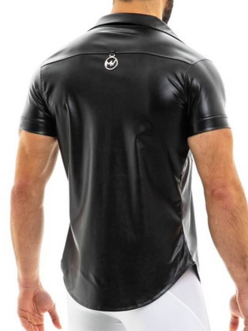Mens MODUS VIVENDI Leather Shirt: Faux Leather, Short Sleeves, Collared, Button Up