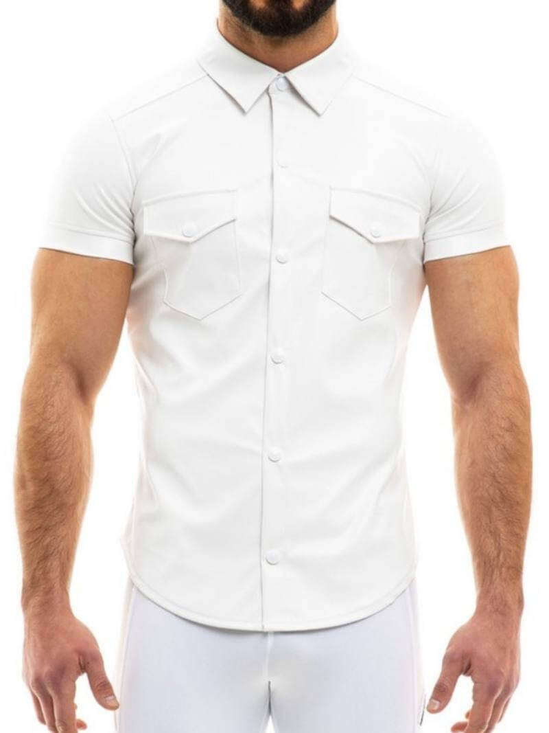 Mens MODUS VIVENDI Leather Shirt: Faux Leather, Short Sleeves, Collared, Button Up
