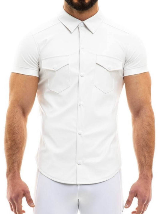 Mens MODUS VIVENDI Leather Shirt: Faux Leather, Short Sleeves, Collared, Button Up