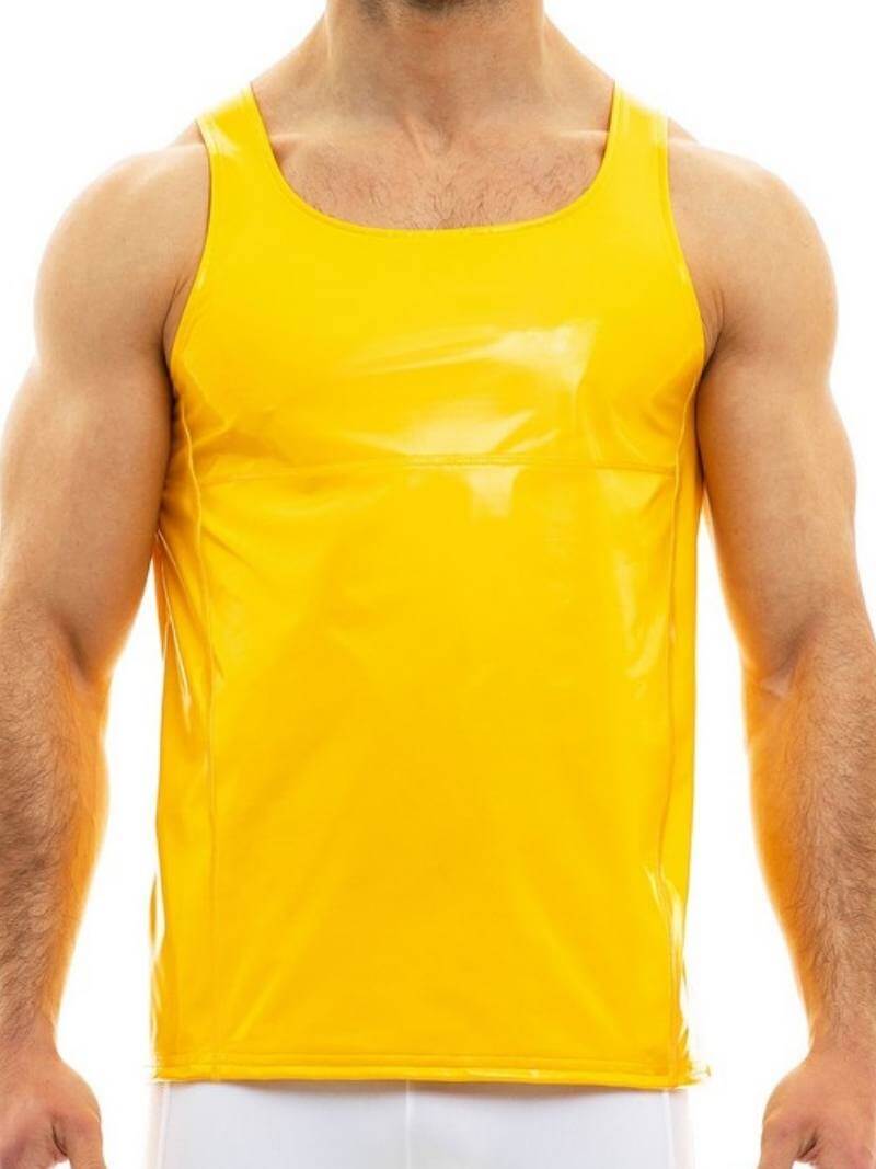 A person wearing a red, shiny PVC look sleeveless tank top with the MODUS VIVENDI logo at the back.
