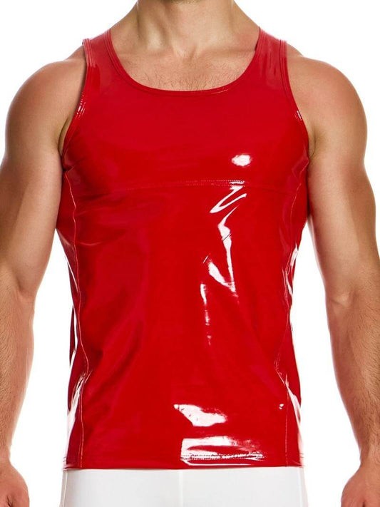 A person wearing a red, shiny PVC look sleeveless tank top with the MODUS VIVENDI logo at the back.