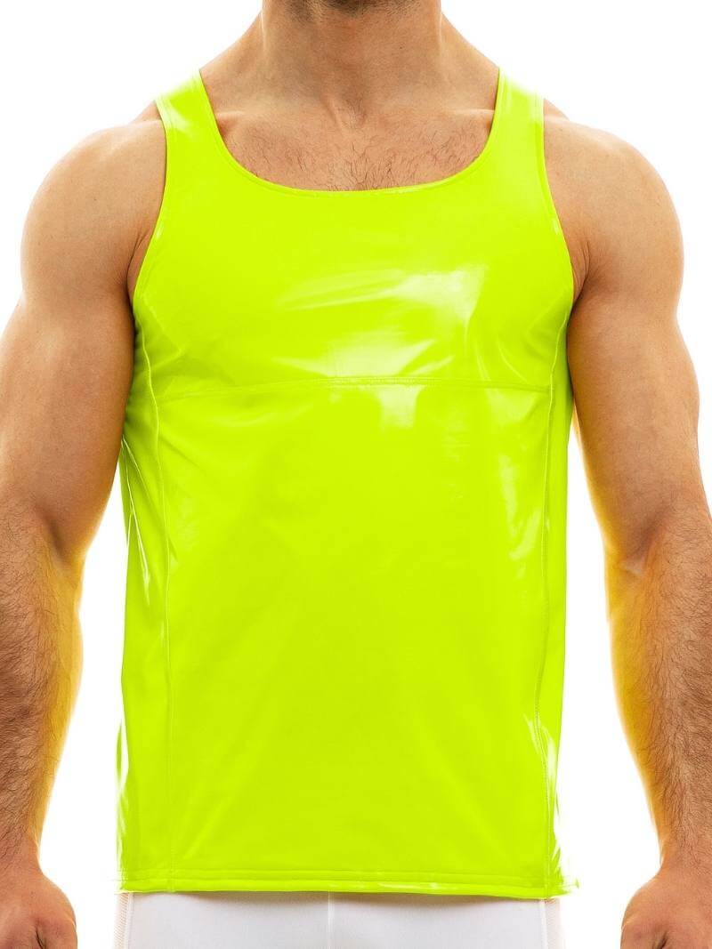 A person wearing a red, shiny PVC look sleeveless tank top with the MODUS VIVENDI logo at the back.