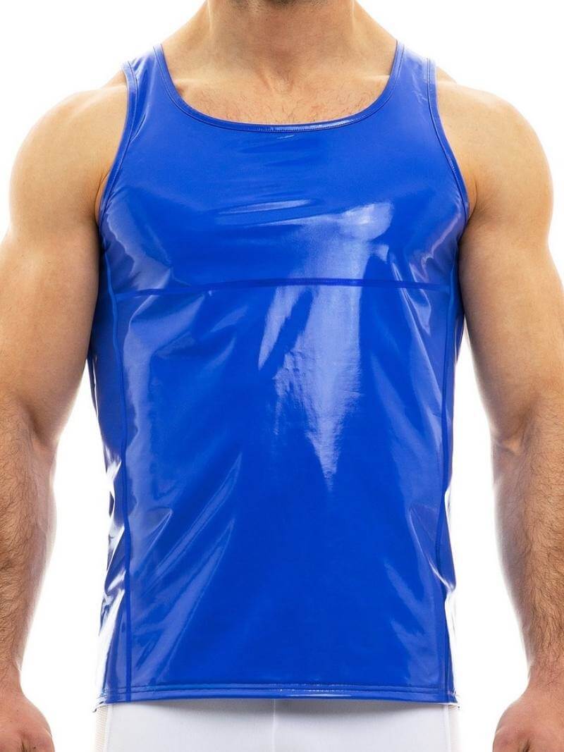 A person wearing a red, shiny PVC look sleeveless tank top with the MODUS VIVENDI logo at the back.