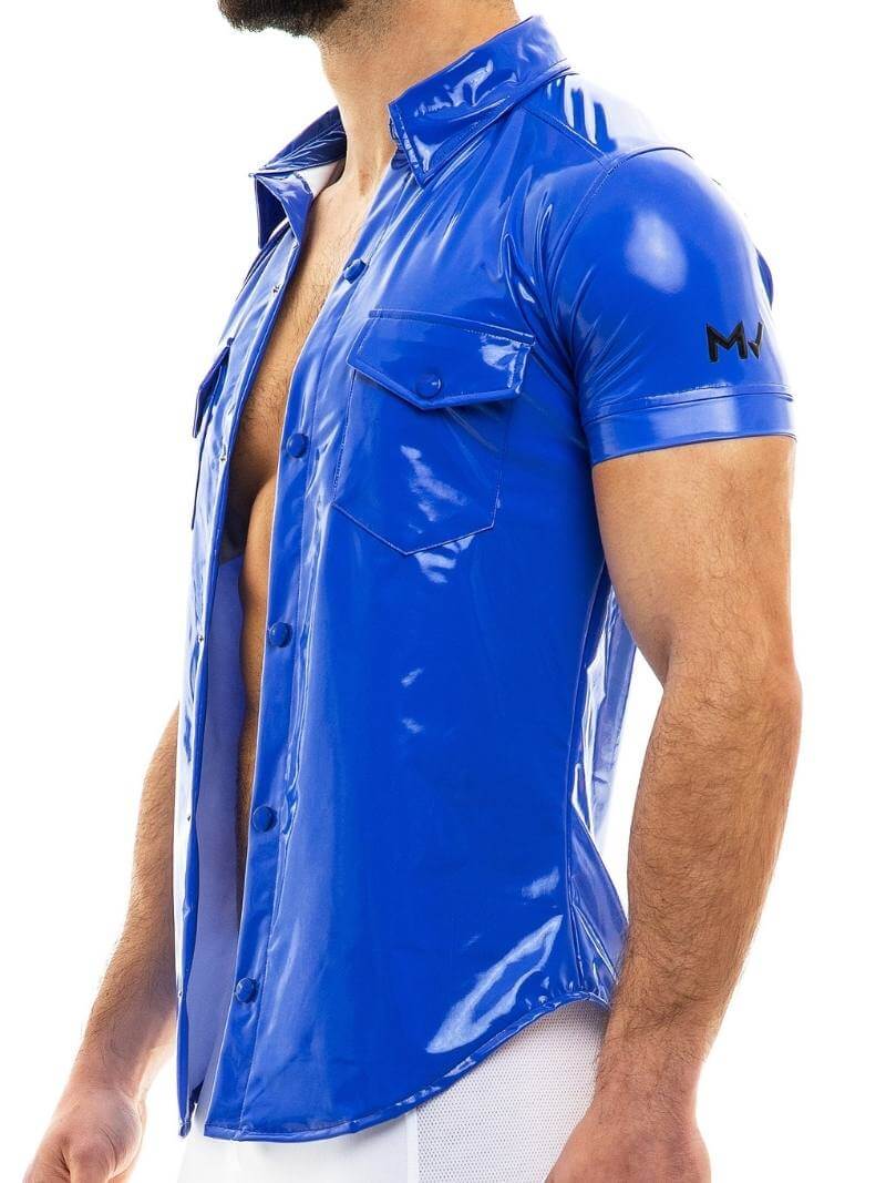 Mens MODUS VIVENDI Vinyl Shirt: Shiny PVC Look, Short Sleeves, Collared, Button Up
