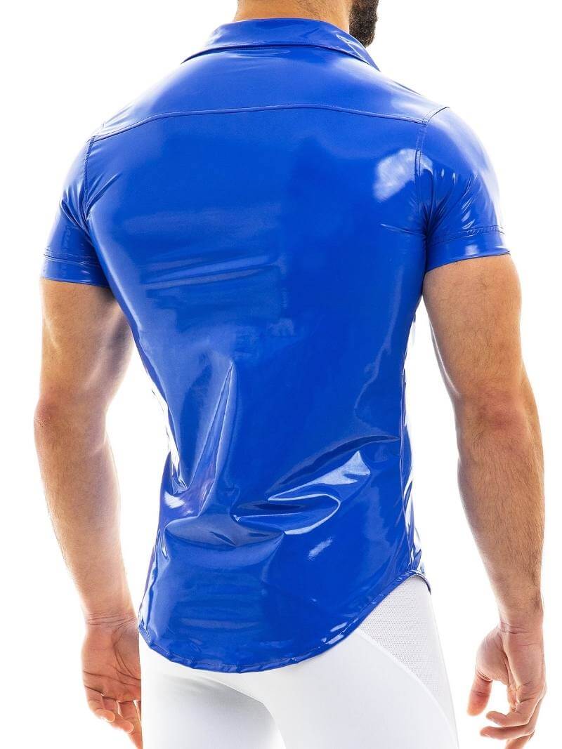 Mens MODUS VIVENDI Vinyl Shirt: Shiny PVC Look, Short Sleeves, Collared, Button Up