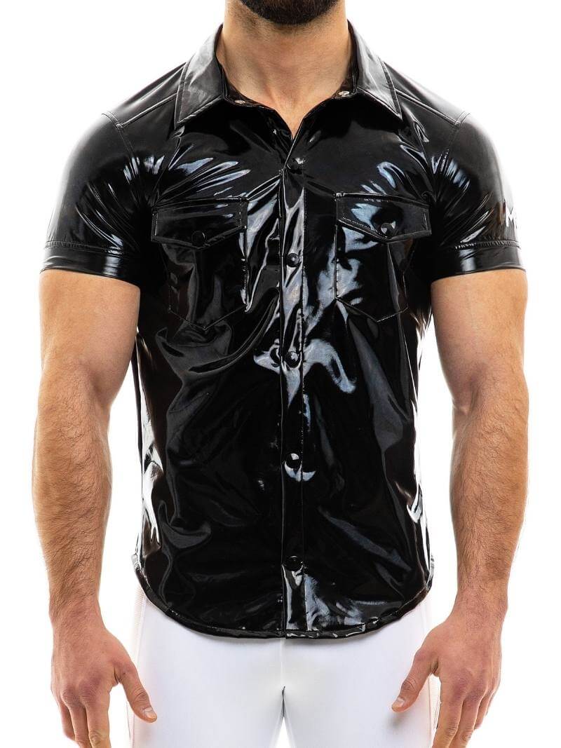 Mens MODUS VIVENDI Vinyl Shirt: Shiny PVC Look, Short Sleeves, Collared, Button Up