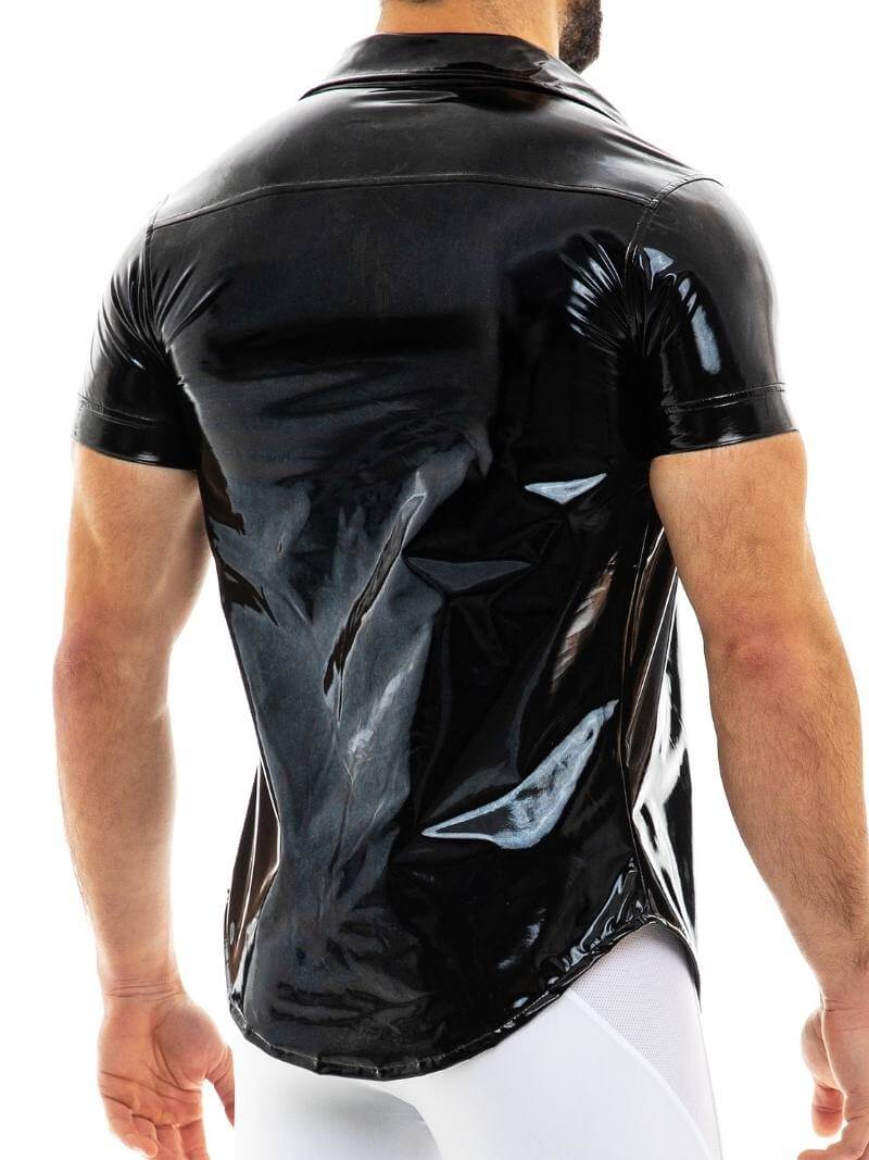 Mens MODUS VIVENDI Vinyl Shirt: Shiny PVC Look, Short Sleeves, Collared, Button Up