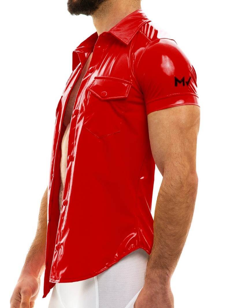 Mens MODUS VIVENDI Vinyl Shirt: Shiny PVC Look, Short Sleeves, Collared, Button Up