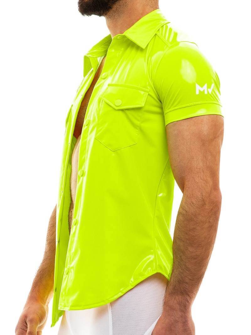 Mens MODUS VIVENDI Vinyl Shirt: Shiny PVC Look, Short Sleeves, Collared, Button Up