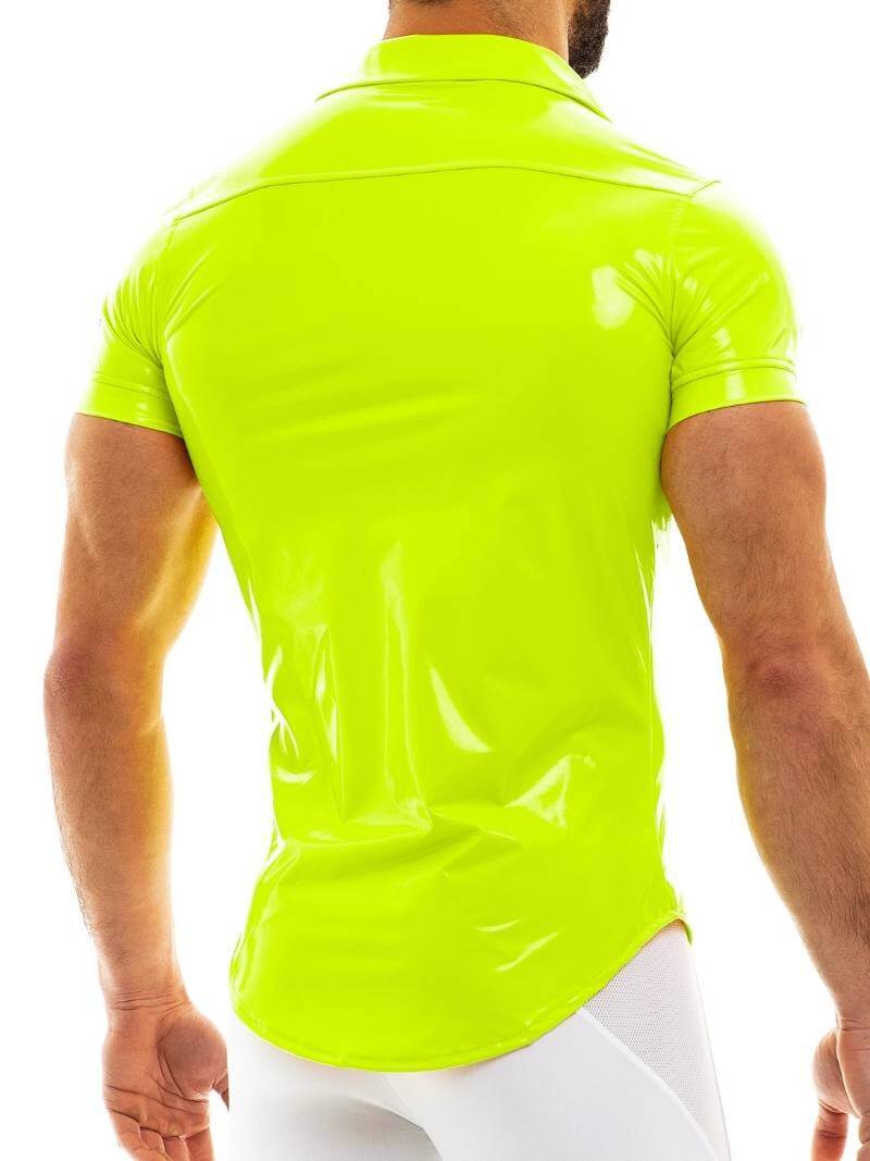 Mens MODUS VIVENDI Vinyl Shirt: Shiny PVC Look, Short Sleeves, Collared, Button Up