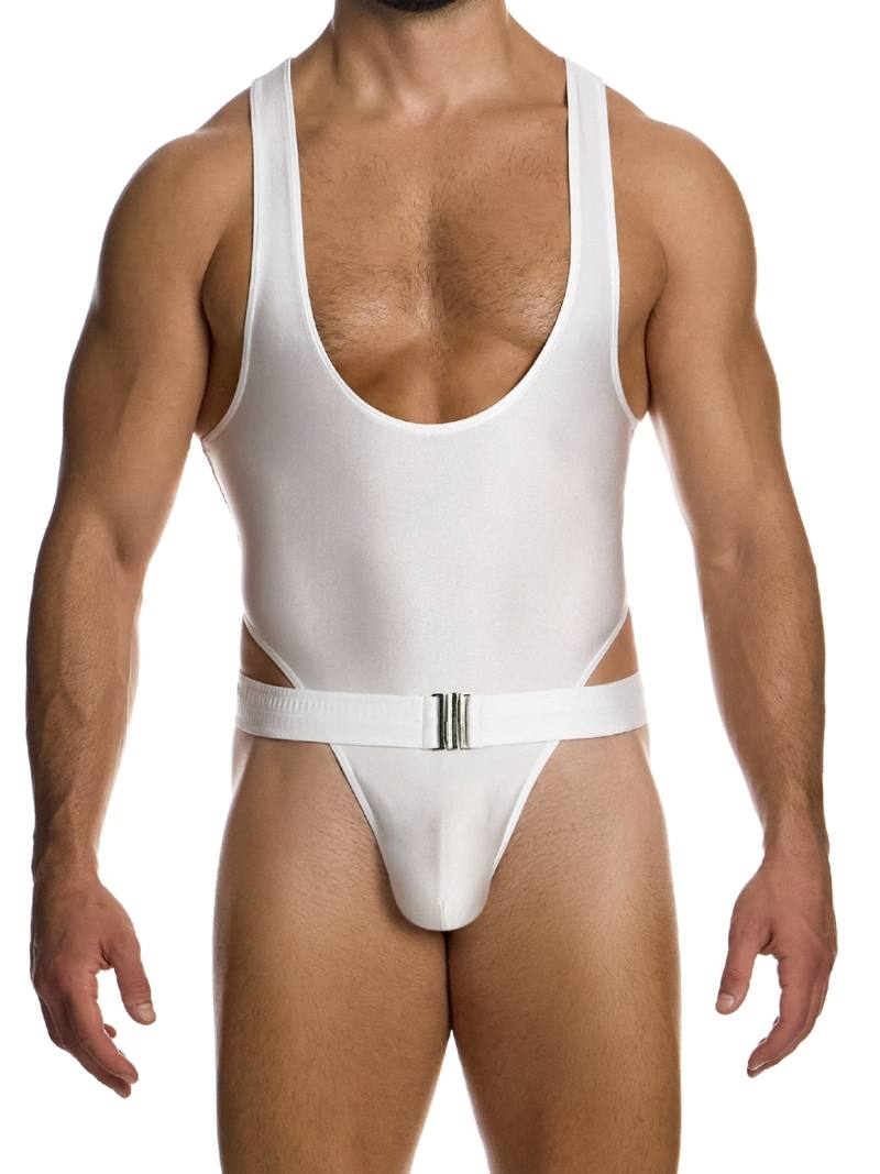 A male model wearing a high-waisted, sleeveless white one-piece thong swimsuit with a Removable and adjustable belt, and nickel-free front fastening.