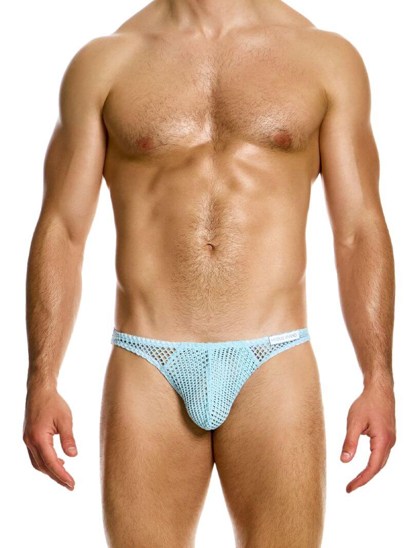 A male model wearing a low-rise, see-through mesh bikini brief with a branded elastic waistband in a light blue color.