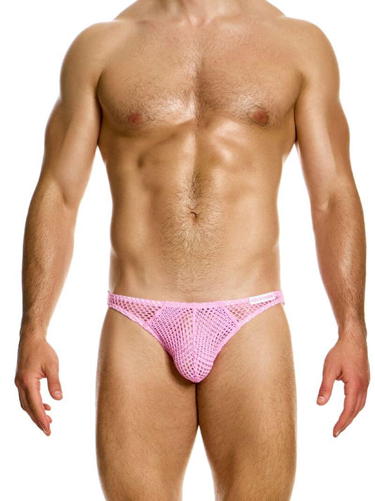A male model wearing a low-rise, see-through mesh bikini brief with a branded elastic waistband in a light blue color.