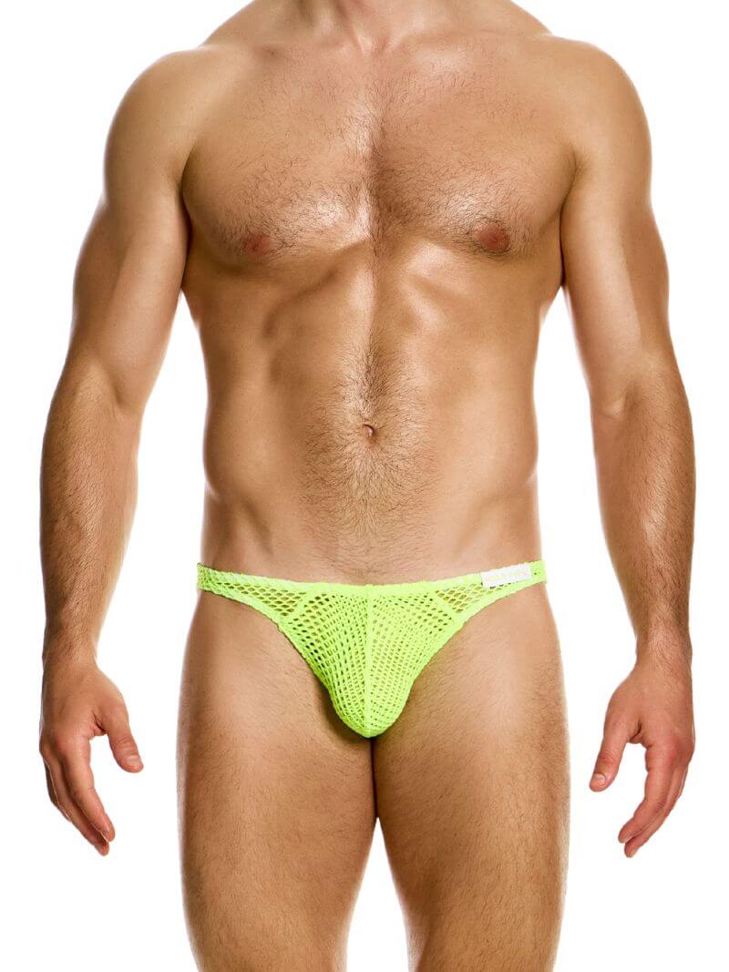 A male model wearing a low-rise, see-through mesh bikini brief with a branded elastic waistband in a light blue color.