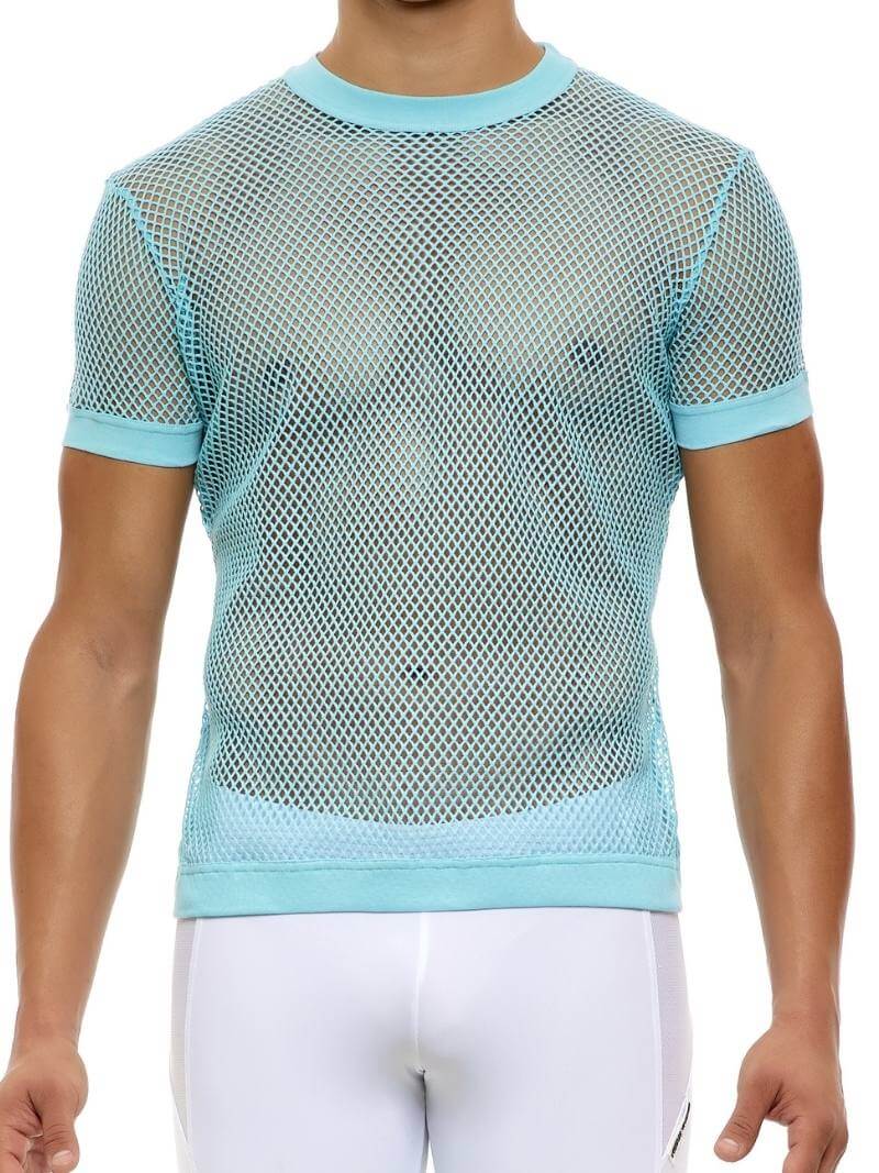 A male model wearing a blue fishnet t-shirt with a round neckline and short sleeves, with a subtle see-through design.