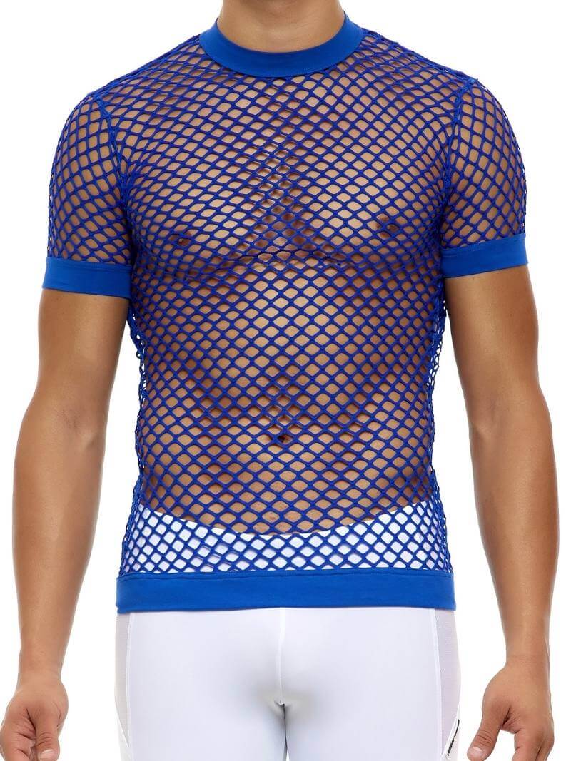 A male model wearing a blue fishnet T-shirt with short sleeves, over a white garment. The T-shirt has a round neckline and a slim fit.