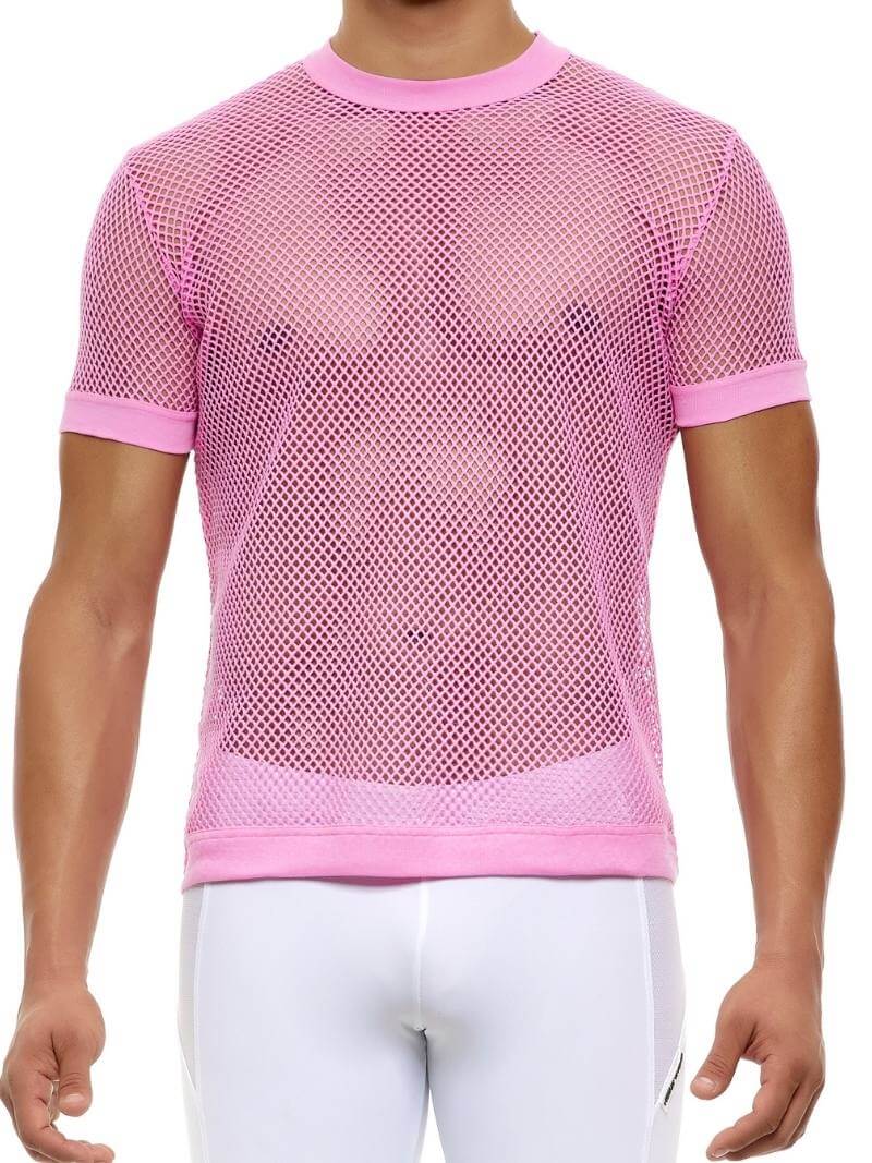A male model wearing a blue fishnet t-shirt with a round neckline and short sleeves, with a subtle see-through design.