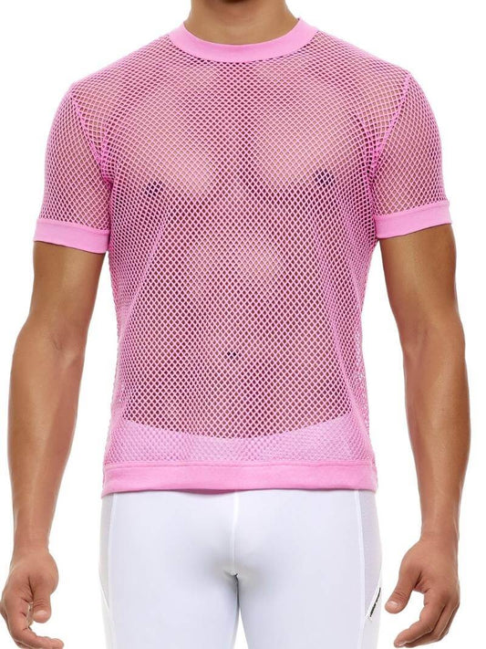 A male model wearing a blue fishnet t-shirt with a round neckline and short sleeves, with a subtle see-through design.