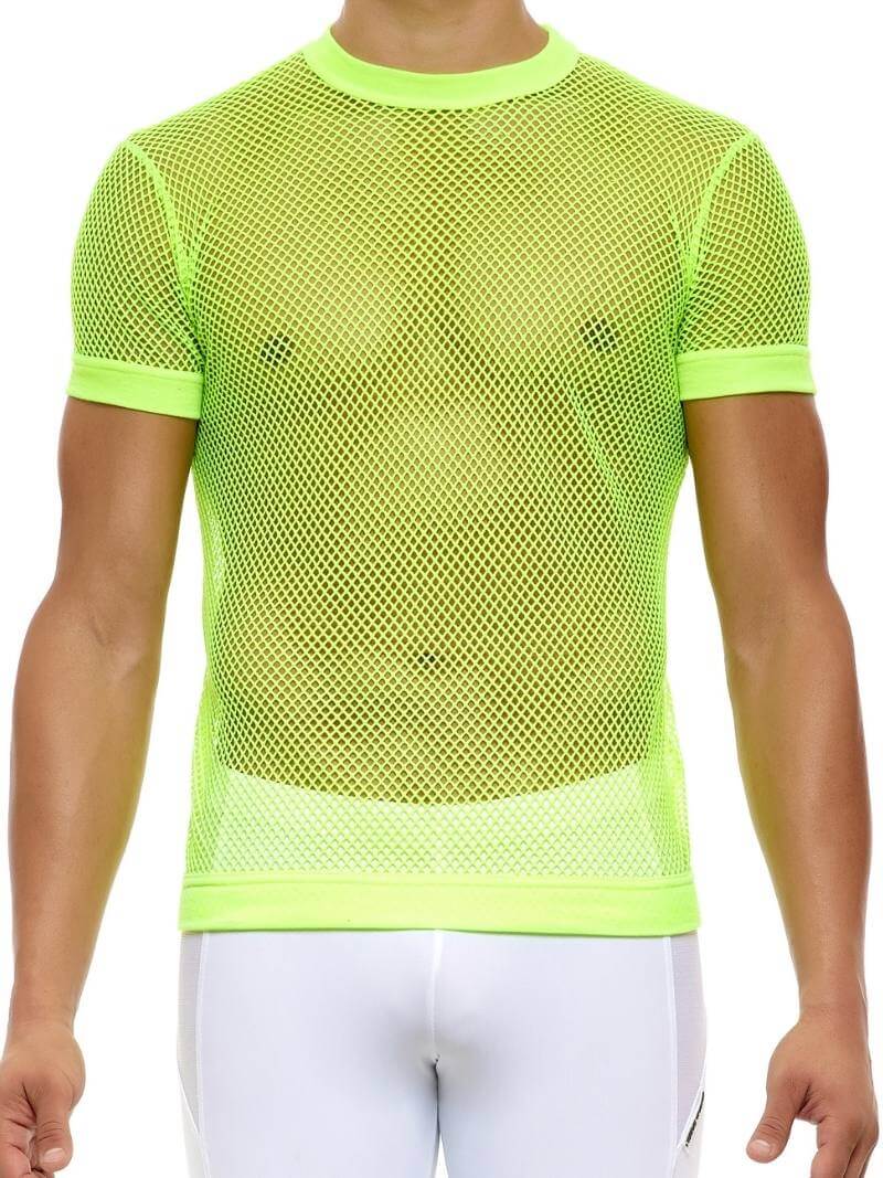 A male model wearing a blue fishnet t-shirt with a round neckline and short sleeves, with a subtle see-through design.