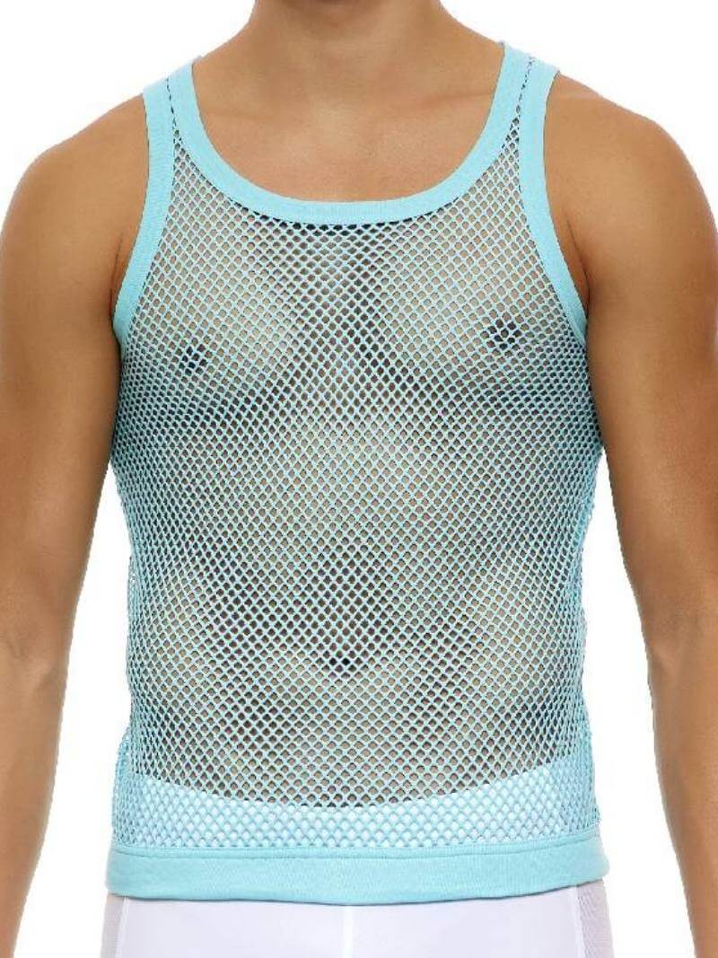 A male model wearing a pink fishnet mesh tank top from Modus Vivendi's C-Through collection.
