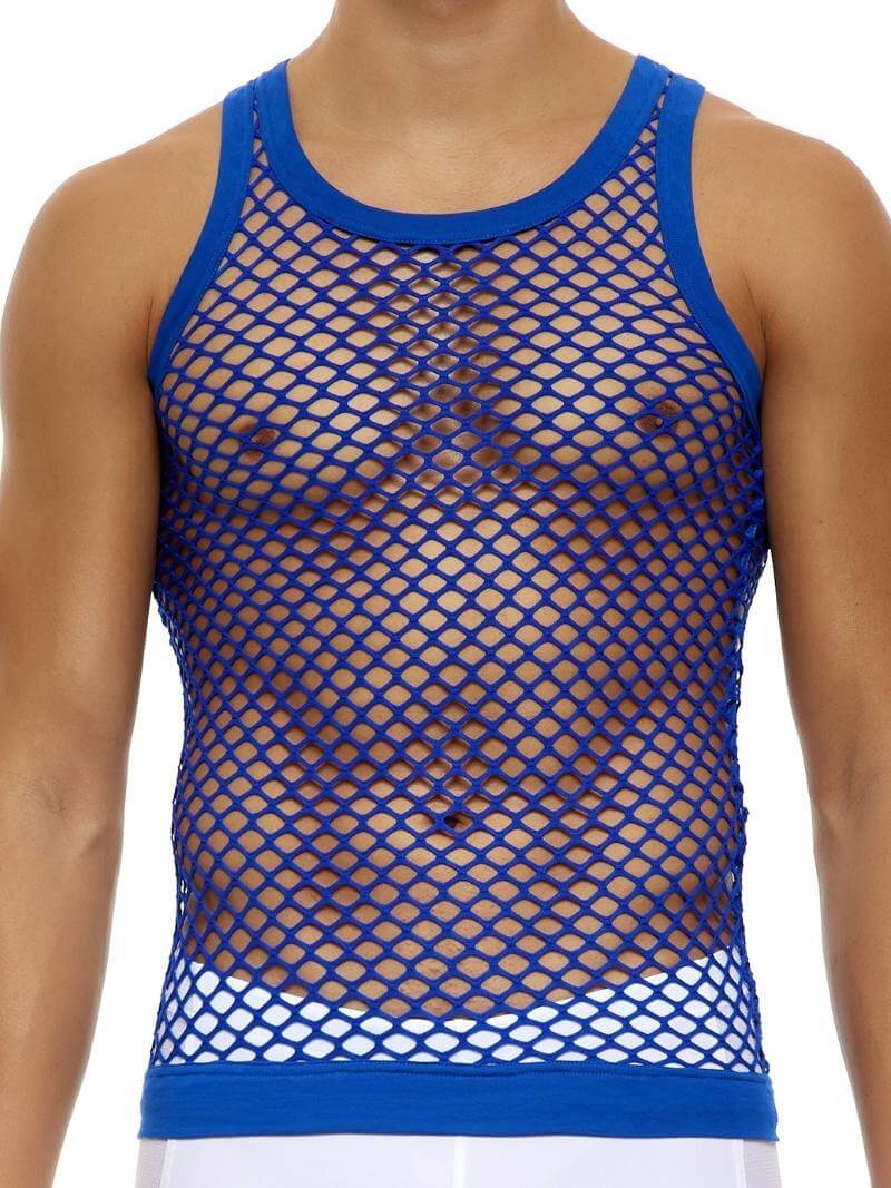 A male model wearing a blue fishnet vest with large holes, featuring a slim fit with elastic trims.