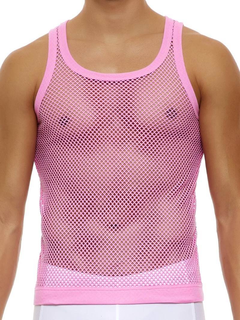 A male model wearing a pink fishnet mesh tank top from Modus Vivendi's C-Through collection.