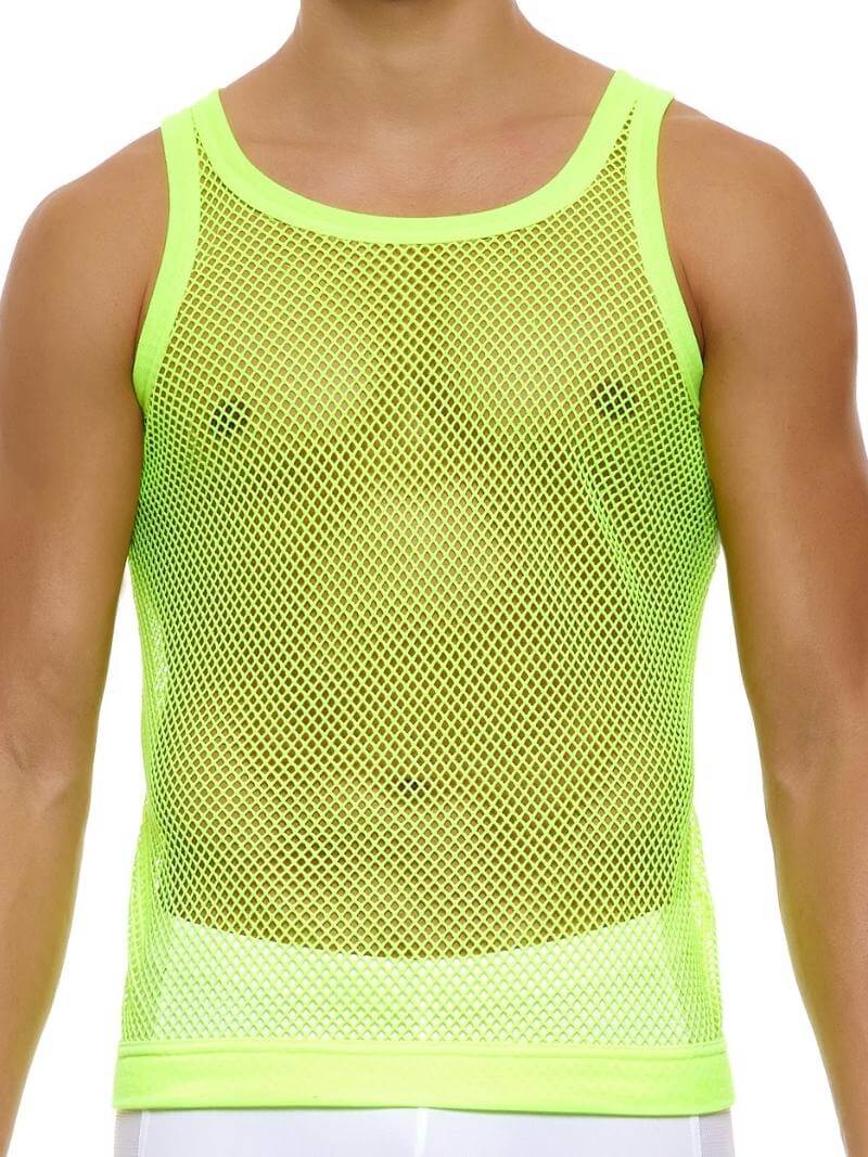 A male model wearing a pink fishnet mesh tank top from Modus Vivendi's C-Through collection.