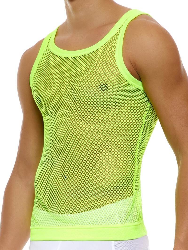 Mens MODUS VIVENDI C-Through Vest: Fishnet Mesh, Bold Colours