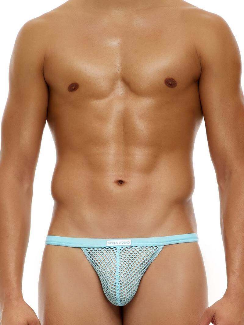 A model wearing a light blue fishnet thong with a branded waistband.