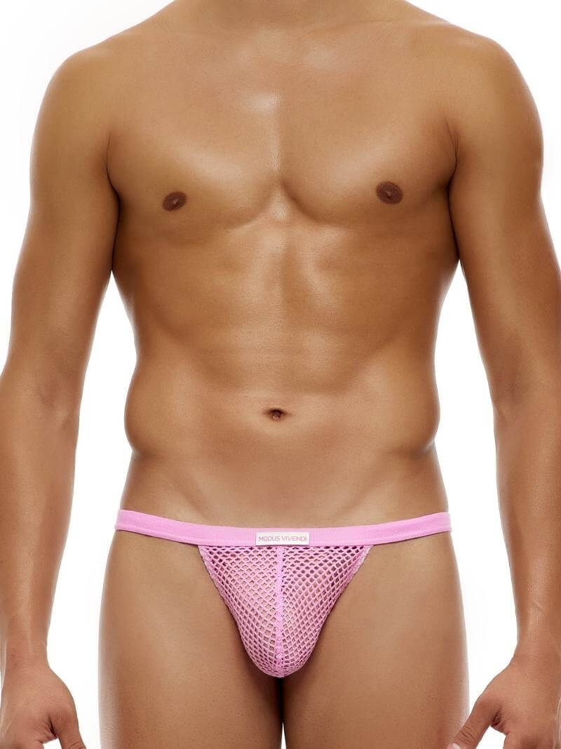 A model wearing a light blue fishnet thong with a branded waistband.